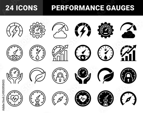Measurement gauge hybrid symbol set featuring conceptual merges of speedometers with lightning bolts gears clouds eyes fuel drops growth charts and home shapes