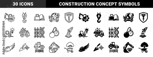 Construction and industrial hybrid icons featuring conceptual combinations of heavy machinery with nature science and business elements in line and solid style