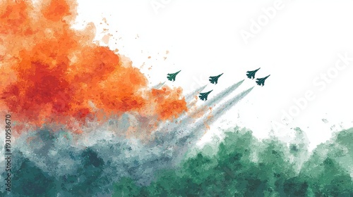Artistic Jets Soar Against a Vibrant Orange and Green Cloudy Backdrop