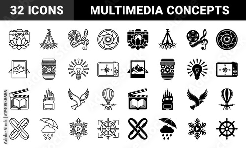 Abstract multimedia photography symbols merging cameras with lotus flowers tripods with tree roots and film reels with musical notes in outline and solid styles