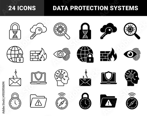 Cybersecurity and digital protection hybrid icons featuring dna locks cloud keys firewall bricks biometric eyes and encrypted data vault symbols
