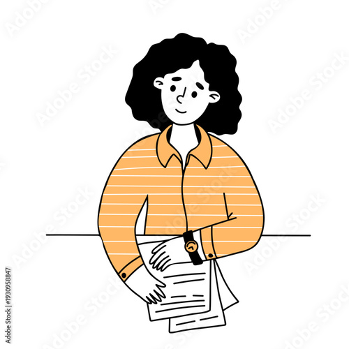 Professional Woman HR Manager Holding Resume for Recruitment and Job Interview. Doodle hand drawn. Vector illustration