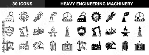 Industrial manufacturing and heavy engineering hybrid icons combining factory structures with automation robotics and energy production symbols