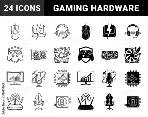 Hardware components and gaming peripherals merged with performance symbols featuring linear and silhouette styles for esport and pc building enthusiasts