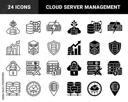 Hybrid data management and cloud infrastructure icons featuring server storage integrated with organic growth brain intelligence and security shields