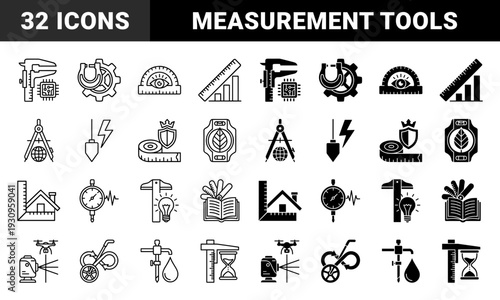 Measurement and precision engineering symbols merging technical tools with conceptual metaphors like growth energy and digital architecture in a dual style set