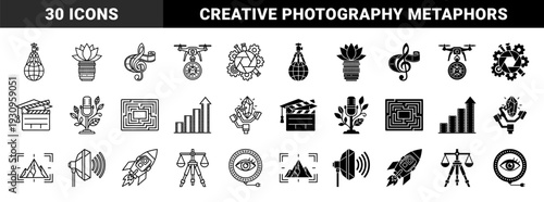 Collection of creative hybrid media symbols merging photography equipment with conceptual metaphors including nature growth music and global connectivity