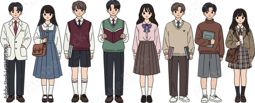 Collection of diverse students in school uniforms holding books and bags flat illustration