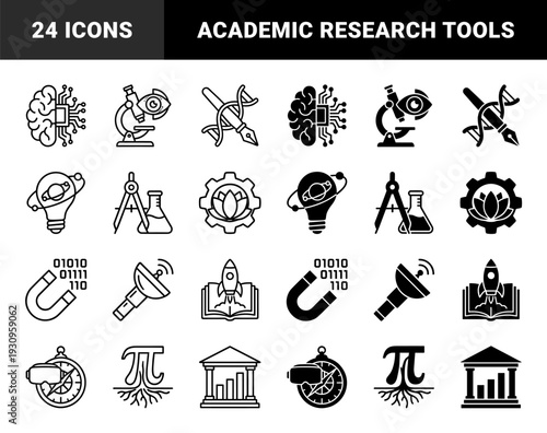 Hybrid scientific research and educational concept icons featuring combinations of biology physics astronomy and mathematics in outline and solid styles