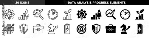 Black and white hybrid business icons featuring conceptual mergers of gears with lightbulbs, rockets on bar charts, and growth plants on data columns