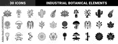 Hybrid nature and mechanical design elements featuring botanical subjects merged with industrial hardware gears pipes and electronic components