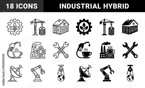 Industrial hybrid conceptual symbols merging mechanical gears with organic leaves construction cranes with currency and factory chimneys with microchips