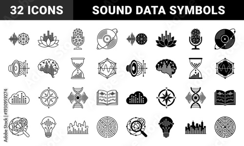 Hybrid abstract conceptual icons merging audio waves with global symbols dna strands brain anatomy and hourglass elements in outline and solid styles
