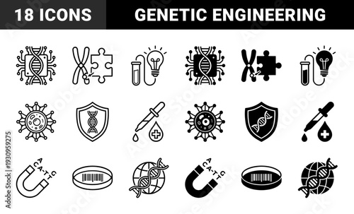 Hybrid genetic engineering and biotechnology icon set featuring dna helix merged with microchip puzzle piece lightbulb shield and laboratory equipment