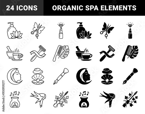 Wellness and beauty hybrid symbols merging nature and self care elements featuring butterfly scissors lotus bottles and pearl shells in outline and solid styles