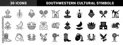 Traditional Mexican and Western heritage symbols featuring hybrid cultural motifs with cactus sombreros acoustic guitars and desert landscape elements