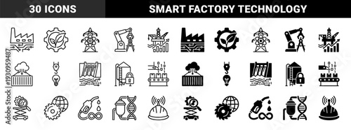 Industrial technology and energy automation icons featuring hybrid designs of smart factory systems renewable power generation and digital logistics