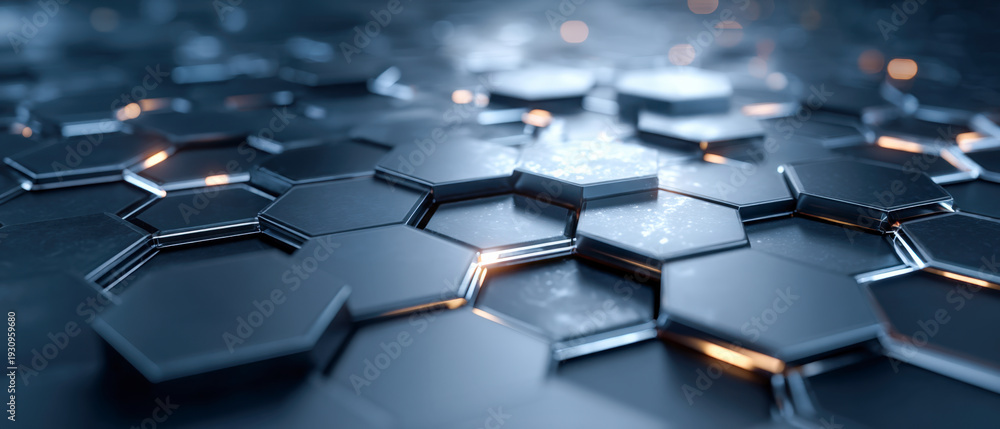 Obraz premium Seamless reflective hexagonal tile surface fading into depth, modern abstract flooring