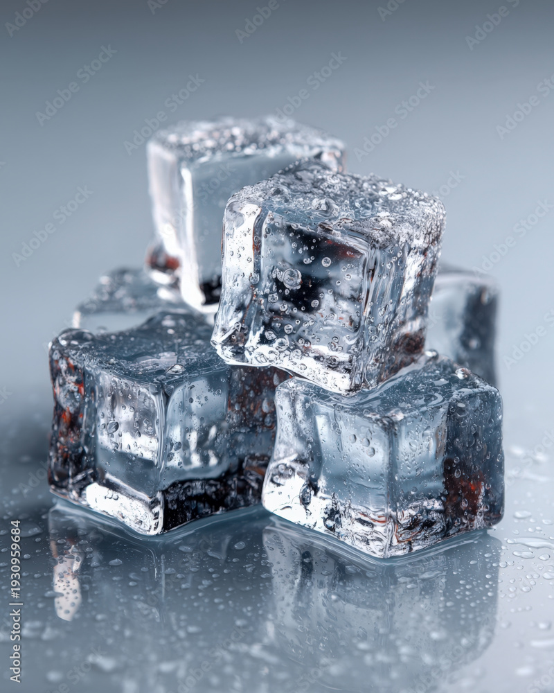 Obraz premium Three clear ice cubes stacked with wet sheen and condensation, refreshing drink concept