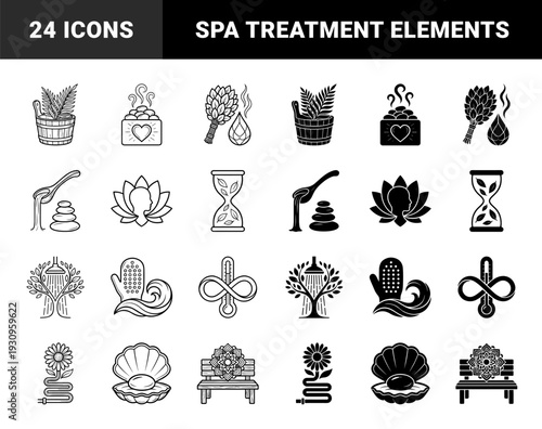 Wellness and spa hybrid symbols featuring sauna buckets with birch branches combined with lotus flowers sand clocks and zen stones in outline and solid styles