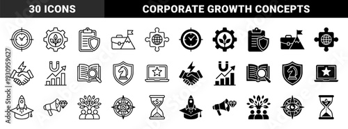 Professional business strategy and growth icons featuring hybrid conceptual designs like target clocks gear plants and rocket graduation caps