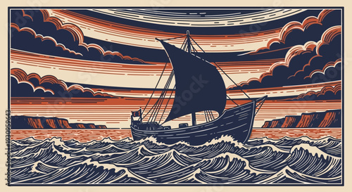 Vintage sailing boat navigating through turbulent ocean waves under a dramatic sky.