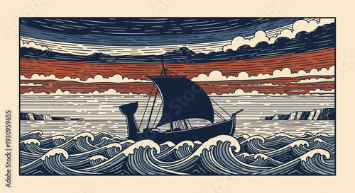 Vintage style illustration of a sailing boat on turbulent sea.