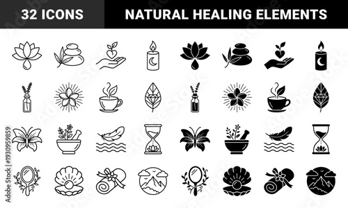 Wellness and Holistic Therapy Symbols Featuring Hybrid Concepts Like Lotus Water Drops and Sand Hourglass with Floral Elements in Linear and Solid Styles