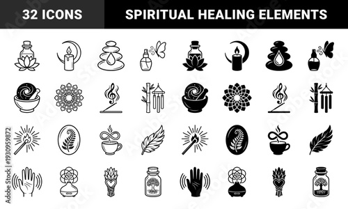 Holistic wellness and spiritual healing symbol set featuring hybrid designs of lotus oil bottles moon candles and zen stones in line and silhouette styles