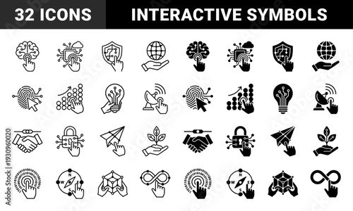 Hybrid interactive digital concept symbols featuring dual outline and solid styles merging human touch points with technology and growth metaphors