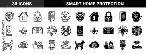 Hybrid security icons merging biological and mechanical elements like biometric doors smart home owls and digital guard dogs for advanced protection