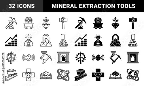 Hybrid mining and geology symbols merging industrial extraction tools with abstract concepts like growth time intelligence and global resource management