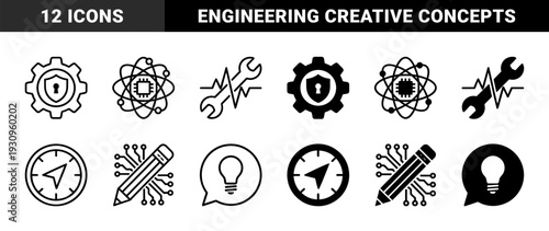 Hybrid technical and creative symbols featuring gear shield combination atomic microprocessor wrench pulse wave compass needle and pencil circuit board