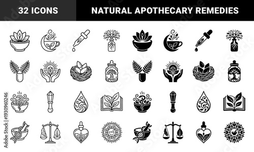 Natural medicine and herbal wellness symbols merging organic plants with apothecary tools featuring dual line and solid silhouette graphic styles