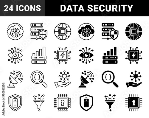 Data processing and cyber security hybrid icons featuring neural network cloud server protection and encrypted hardware circuit elements in dual line and solid style