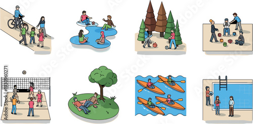 Collection of outdoor leisure activities and sports including kayaking volleyball and hiking