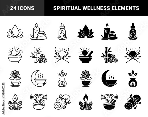 Wellness and Holistic Healing Hybrid Symbols Combining Zen Elements with Spiritual Therapy Concepts in Both Minimal Outline and Solid Glyph Styles