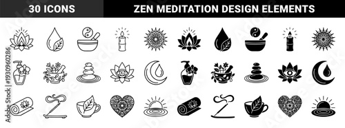 Zen wellness and holistic health hybrid symbols featuring lotus flowers combined with eyes, incense burners, moon slivers with oil drops, and yoga mats with floral emblems