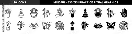 Spiritual wellness hybrid icons featuring candle flame with radiation waves zen stone water drops bamboo heartbeat pulse and crystal energy light