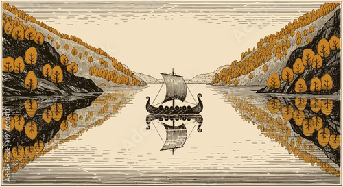 Serene river landscape with sailing boat and autumn foliage.