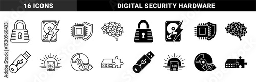Hybrid digital storage and data security symbols featuring solid and outline versions of hard drives with lightning bolts and shielded processors