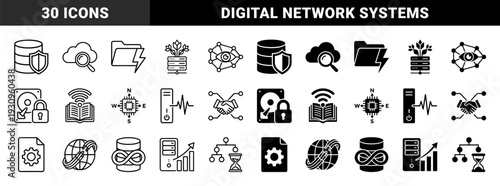Hybrid data management and infrastructure icons merging database security cloud search server growth and global network connectivity in dual styles
