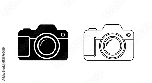 Black and white camera icons, vector illustration of photography equipment. Vector