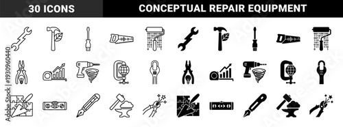 Hybrid manual tool collection combining construction hardware with digital data symbols and organic elements in outline and solid styles