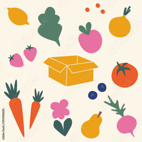 Vector illustration of a cardboard box with fresh produce, colourful fruit and vegetables from farmers' market