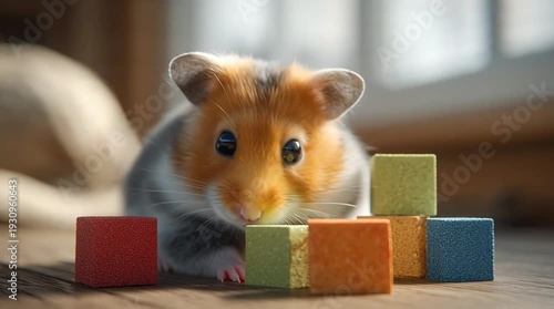Curious Little Hamster Sniffing Colorful Wooden Play Blocks on Floor