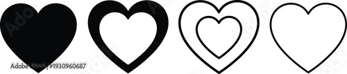 Black heart icon set showing progression from solid filled shape to outline style for romantic wedding design health rating and love symbol interface