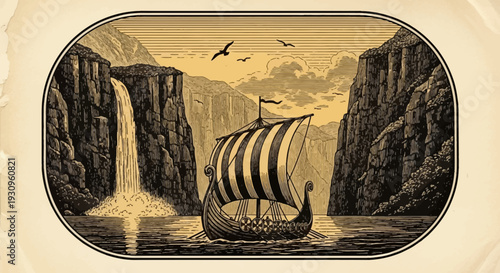 Vintage illustration of a Viking ship sailing through a fjord with a waterfall.
