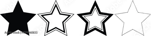 Set of four black minimalist star icons featuring solid silhouette, double outline, thick bold border, and thin dashed line styles on white background