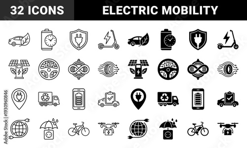 Sustainable electric mobility and green energy hybrid icons featuring integrated symbols of eco friendly transport battery charging and renewable power solutions